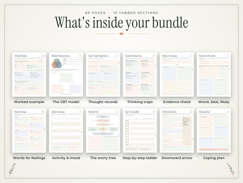 May include: A digital bundle featuring 60 pages and 12 tabbed sections titled What's inside your bundle. The layout displays 12 individual worksheets including Worked example, The CBT model, Thought records, Thinking traps, Evidence check, Worst, best, likely, Words for feelings, Activity & mood, The worry tree, Step-by-step ladder, Downward arrow, and Coping plan.