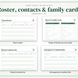 Może przedstawiać: Cyfrowy zestaw planer&oacute;w zatytułowany Roster, contacts & family cards zawierający cztery szablony: Team Roster, Player & Family Cards, Parent Contact List oraz Emergency & Medical Info. Każda biała strona zawiera uporządkowane pola na dane sportowe.