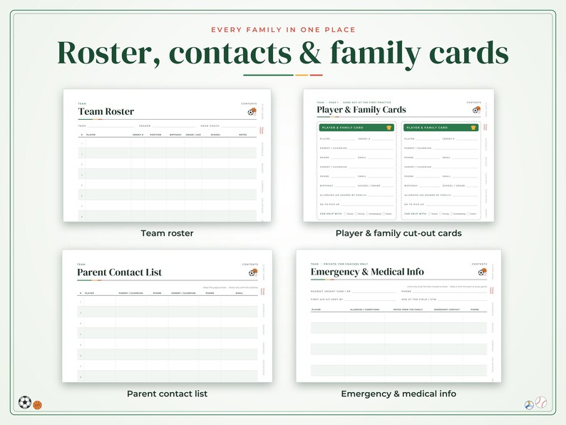 Może przedstawiać: Cyfrowy zestaw planer&oacute;w zatytułowany Roster, contacts & family cards zawierający cztery szablony: Team Roster, Player & Family Cards, Parent Contact List oraz Emergency & Medical Info. Każda biała strona zawiera uporządkowane pola na dane sportowe.