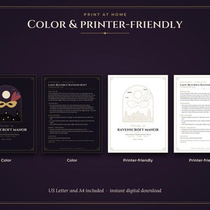 May include: A digital murder mystery game kit titled Murder at Ravenscroft Manor. The set includes four printable documents: two color versions with a dark background and two printer-friendly versions with a white background, featuring text.