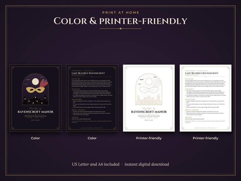 May include: A digital murder mystery game kit titled Murder at Ravenscroft Manor. The set includes four printable documents: two color versions with a dark background and two printer-friendly versions with a white background, featuring text.