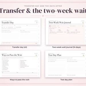 May include: A digital planner set titled Transfer & the two-week wait, featuring four distinct pages: Transfer Day, Two-Week Wait Journal, Ways to Pass the Wait, and Test Day Plan, all presented in a soft pink color palette with black text.