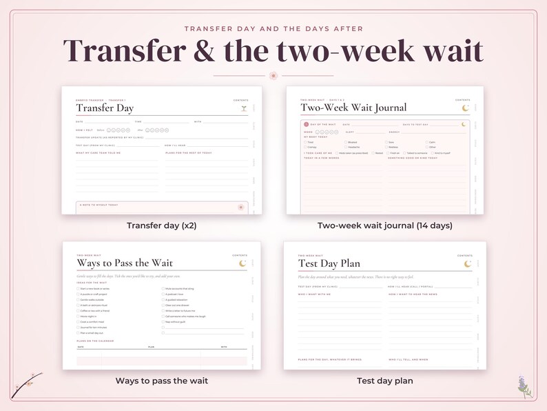 May include: A digital planner set titled Transfer & the two-week wait, featuring four distinct pages: Transfer Day, Two-Week Wait Journal, Ways to Pass the Wait, and Test Day Plan, all presented in a soft pink color palette with black text.