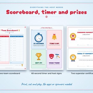 May include: A printable game set featuring a Team Scoreboard, a 60-second timer and host signs with icons, and two superstar certificates labeled Charades Superstar and Draw It Superstar, all with red, blue, and yellow accents.