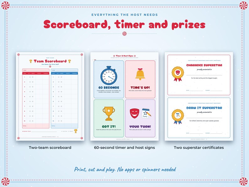 May include: A printable game set featuring a Team Scoreboard, a 60-second timer and host signs with icons, and two superstar certificates labeled Charades Superstar and Draw It Superstar, all with red, blue, and yellow accents.