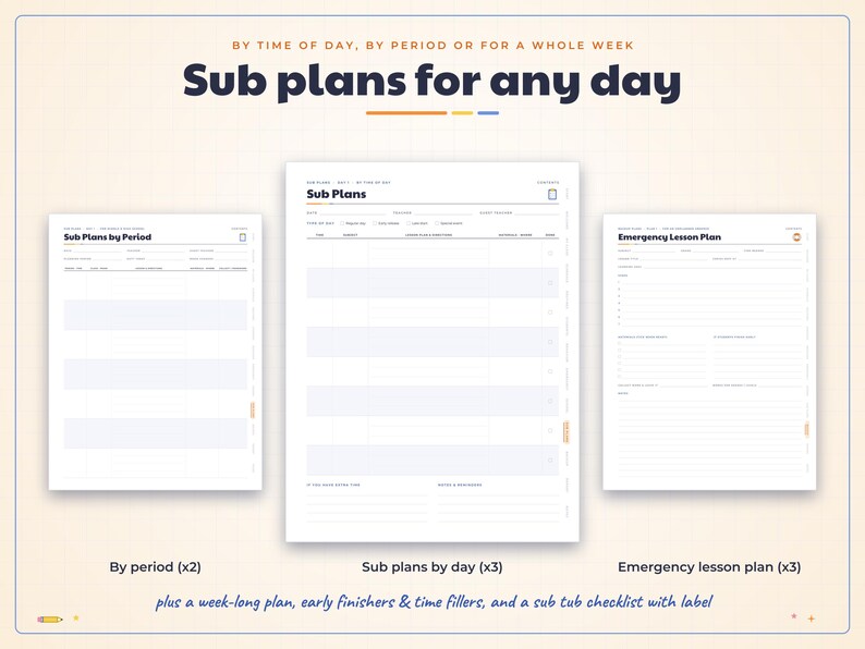 May include: A digital planner set titled Sub plans for any day, featuring three distinct templates: Sub Plans by Period, Sub Plans, and Emergency Lesson Plan. The layout includes organized fields for scheduling, daily tasks, and lesson details.