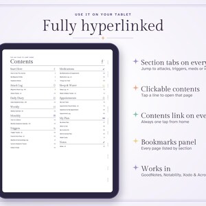 May include: A digital tablet displaying a fully hyperlinked contents page for a health journal. The screen shows sections for attack logs, daily diaries, medications, sleep, water, appointments, and notes, with text indicating compatibility with GoodNotes, Notability, Xodo, and Acrobat.