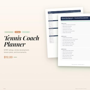 May include: A tennis coach planner with the title "Tennis Coach Planner" and the text "NTRP ratings, stroke development, lesson plans, and tournaments." The planner includes 78 pages and is available as an instant download.