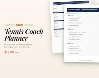 Tenniscoachplanner afdrukbaar | Sjabloon lesplan | NTRP-beoordelingstracker | Toernooiorganisator | Tennis Pro-map pdf