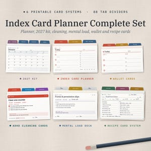 May include: A printable index card planner set featuring 6 systems and 88 tab dividers. The collection includes a 2027 calendar, daily task lists, cleaning cards, mental load trackers, wallet cards, and recipe cards with colorful tabs.