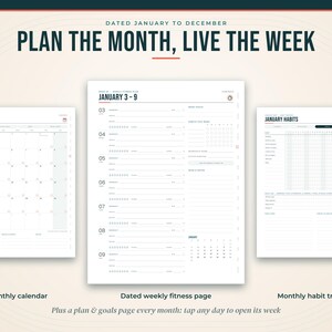 Pode incluir: Um conjunto de planejador digital com um calend&aacute;rio mensal, uma p&aacute;gina de fitness semanal datada de 3 a 9 de janeiro e um rastreador de h&aacute;bitos mensal. O texto diz: PLAN THE MONTH, LIVE THE WEEK, DATED JANUARY TO DECEMBER.