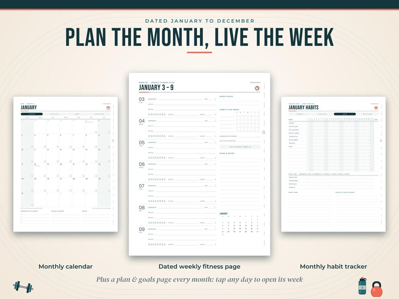 Pode incluir: Um conjunto de planejador digital com um calend&aacute;rio mensal, uma p&aacute;gina de fitness semanal datada de 3 a 9 de janeiro e um rastreador de h&aacute;bitos mensal. O texto diz: PLAN THE MONTH, LIVE THE WEEK, DATED JANUARY TO DECEMBER.