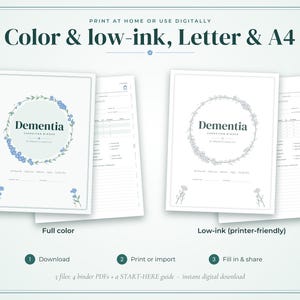 May include: A digital dementia caregiver binder set featuring two versions: a full-color version with blue floral wreaths and a low-ink version with gray outlines. Both include text labels, lined sections, and floral accents on white paper sheets.