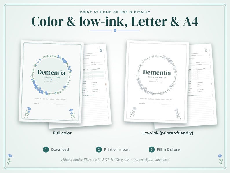 May include: A digital dementia caregiver binder set featuring two versions: a full-color version with blue floral wreaths and a low-ink version with gray outlines. Both include text labels, lined sections, and floral accents on white paper sheets.