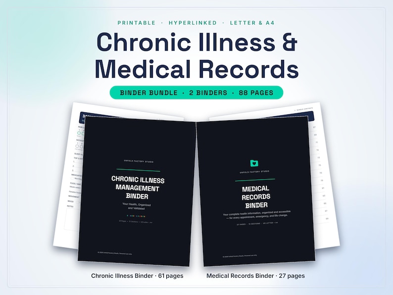 May include: A printable, hyperlinked digital binder bundle for Chronic Illness & Medical Records. Includes two black-covered binders with white text, totaling 88 pages. The set features a 61-page Chronic Illness Management Binder and a 27-page Medical Records Binder, available in Letter and A4 sizes.