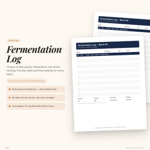 Peut inclure: Un journal de fermentation blanc avec des titres et du texte bleu fonc&eacute;. Le journal comprend des sections pour le suivi quotidien de la gravit&eacute;, de la temp&eacute;rature et du sas pendant 14 jours. D'autres journaux sont visibles en arri&egrave;re-plan.