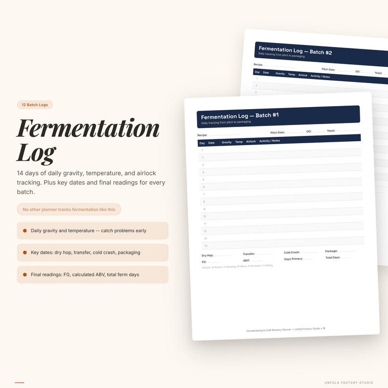 Peut inclure: Un journal de fermentation blanc avec des titres et du texte bleu fonc&eacute;. Le journal comprend des sections pour le suivi quotidien de la gravit&eacute;, de la temp&eacute;rature et du sas pendant 14 jours. D'autres journaux sont visibles en arri&egrave;re-plan.