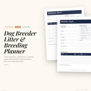 May include: A Dog Breeder Litter & Breeding Planner with the text "Instant Download" and "54 Pages". The planner includes forms for tracking breedings, whelping, and puppy development. The forms are white with blue headings.