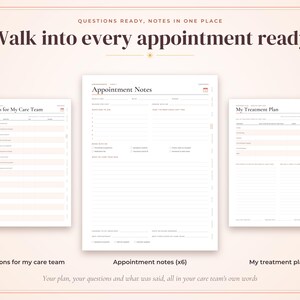 May include: Three printable medical planner pages with a cream background and dark text. The left page is titled Questions for My Care Team, the center is Appointment Notes, and the right is My Treatment Plan. The top text reads Walk into every appointment ready.