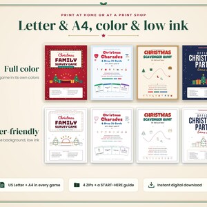 May include: A digital collection of Christmas party games including Family Survey, Charades, Scavenger Hunt, and Office Party kits. The set features full-color versions and printer-friendly low-ink designs in Letter and A4 formats.