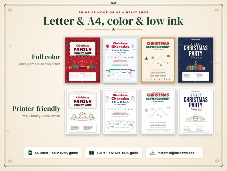 May include: A digital collection of Christmas party games including Family Survey, Charades, Scavenger Hunt, and Office Party kits. The set features full-color versions and printer-friendly low-ink designs in Letter and A4 formats.