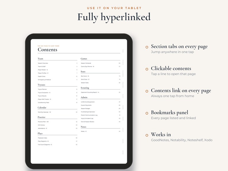 Op de afbeelding: Een digitale planner weergegeven op een tabletscherm met een inhoudspagina met secties voor Team, Games, Tryouts, Scouting, Calendar, Admin, Practice en Notes. De tekst bevat "USE IT ON YOUR TABLET", "Fully hyperlinked" en app-compatibiliteit.