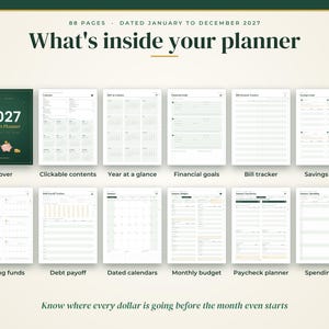 May include: A 2027 budget planner with 88 pages, featuring a dark green cover with a pink piggy bank illustration. The layout includes clickable contents, a year at a glance, financial goals, bill tracker, savings goals, sinking funds, debt payoff, dated calendars, monthly budget, paycheck planner, and a spending log.