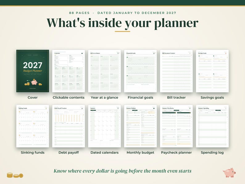 May include: A 2027 budget planner with 88 pages, featuring a dark green cover with a pink piggy bank illustration. The layout includes clickable contents, a year at a glance, financial goals, bill tracker, savings goals, sinking funds, debt payoff, dated calendars, monthly budget, paycheck planner, and a spending log.