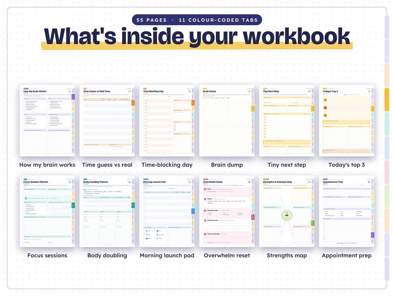 May include: A 55-page workbook with 11 color-coded tabs, featuring pages titled How my brain works, Time guess vs real, Time-blocking day, Brain dump, Tiny next step, Today's top 3, Focus sessions, Body doubling, Morning launch pad, Overwhelm reset, Strengths map, and Appointment prep.