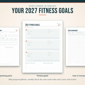 Pode incluir: Tr&ecirc;s p&aacute;ginas de planejador de fitness brancas intituladas Start Strong in January, Your 2027 Fitness Goals, My Starting Point e Year in Movement. As p&aacute;ginas apresentam se&ccedil;&otilde;es estruturadas para rastrear objetivos, progresso e movimento com texto preto e detalhes em vermelho.
