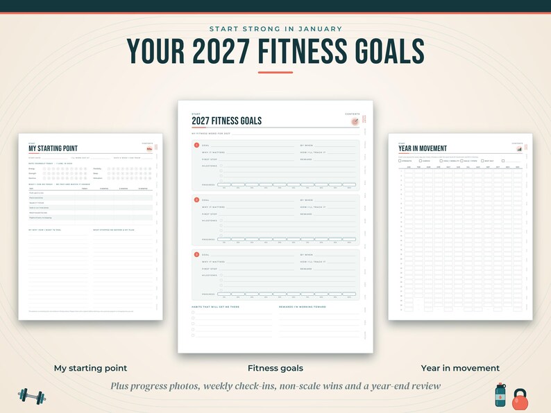 Pode incluir: Tr&ecirc;s p&aacute;ginas de planejador de fitness brancas intituladas Start Strong in January, Your 2027 Fitness Goals, My Starting Point e Year in Movement. As p&aacute;ginas apresentam se&ccedil;&otilde;es estruturadas para rastrear objetivos, progresso e movimento com texto preto e detalhes em vermelho.