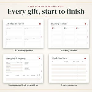 Może przedstawiać: Cyfrowa strona planera zatytułowana Every gift, start to finish, zawierająca cztery sekcje: Gift Ideas by Person, Stocking Stuffers, Wrapping & Shipping oraz Thank-You Notes. Każda sekcja zawiera uporządkowane listy, pola wyboru i nagł&oacute;wki.