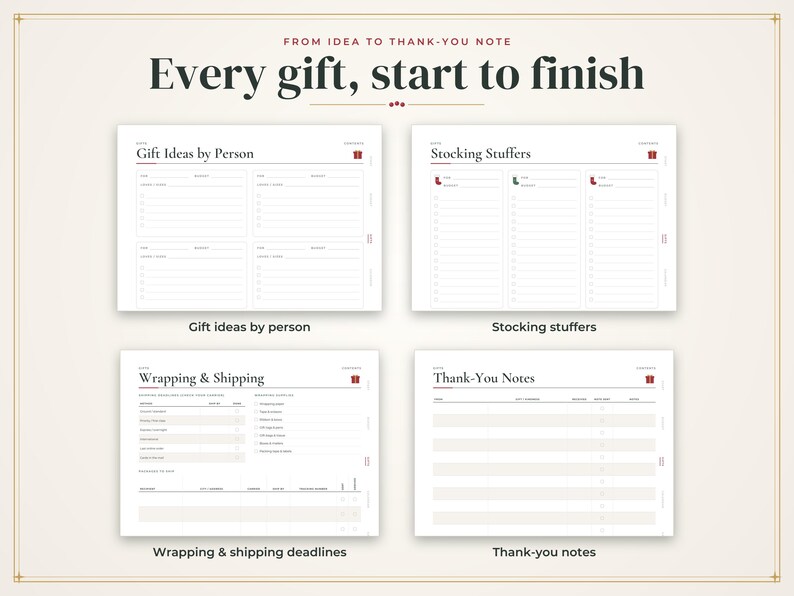 Może przedstawiać: Cyfrowa strona planera zatytułowana Every gift, start to finish, zawierająca cztery sekcje: Gift Ideas by Person, Stocking Stuffers, Wrapping & Shipping oraz Thank-You Notes. Każda sekcja zawiera uporządkowane listy, pola wyboru i nagł&oacute;wki.
