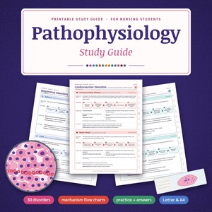 Pathophysiology Study Guide Printable for Nursing Students: Patho Notes, Mechanism Flow Charts, Quizzes