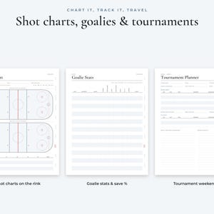 May include: Three white printable pages titled Shot Chart, Goalie Stats, and Tournament Planner. The Shot Chart features two hockey rink diagrams. The Goalie Stats page has rows for data, and the Tournament Planner includes fields for event details.