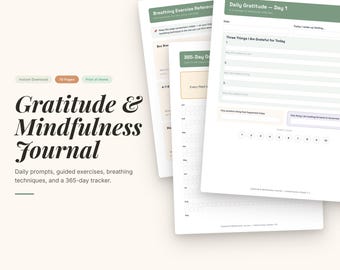 Dankbaarheid Mindfulness-dagboek | Dagelijkse aanwijzingen, ademhalingsoefeningen (digitale download)