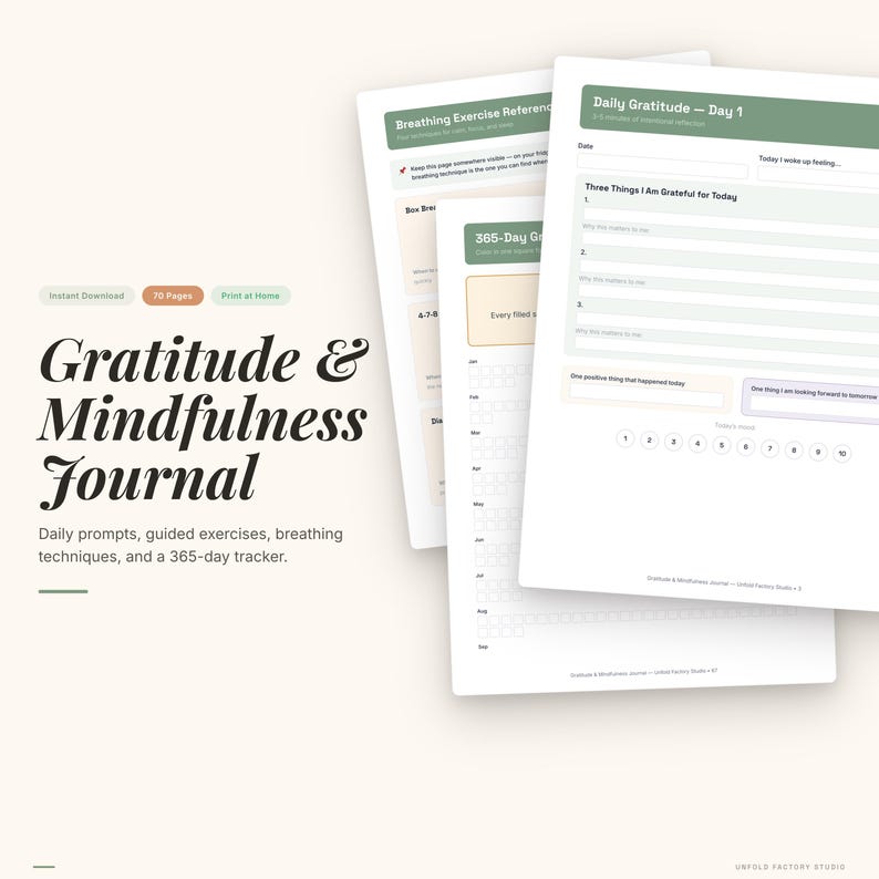 Gratitude Mindfulness Journal | Daily Prompts, Breathing Exercises (Digital Download) image 1
