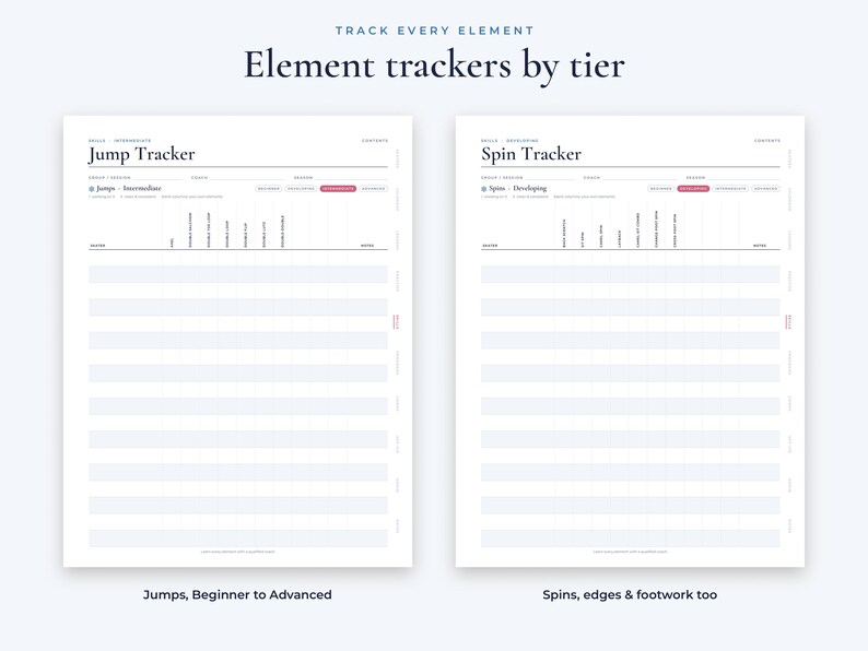 May include: Two white digital tracking sheets titled Element trackers by tier. The left sheet is a Jump Tracker for intermediate skills, and the right sheet is a Spin Tracker for developing skills, both featuring grids for logging progress.