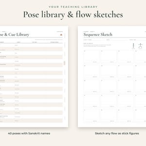 May include: Two white digital planning pages titled Your Teaching Library, Pose library & flow sketches. The left page is a Pose & Cue Library table with columns for pose, category, sanskrit, key cues, and options & props. The right page is a Sequence Sketch grid with numbered boxes for stick figure drawings.