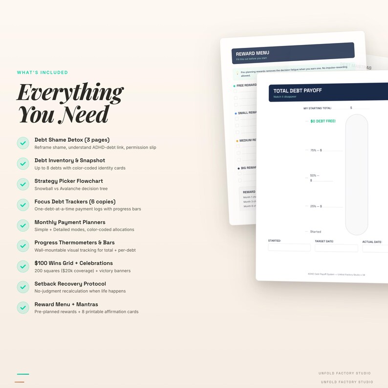 May include: A white and teal graphic with the text "Everything You Need" and a list of debt management tools. Includes trackers, planners, and a reward menu. Two open notebooks are visible in the background.