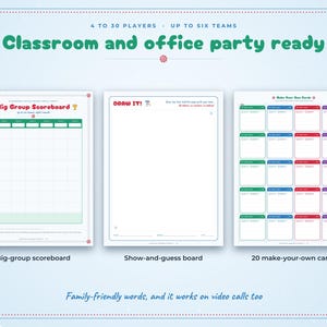 May include: A game set featuring three printable sheets: a Big Group Scoreboard with green headers, a Draw It! board for sketching, and a grid of 20 make-your-own cards in green, red, and purple. The text includes Classroom and office party ready.