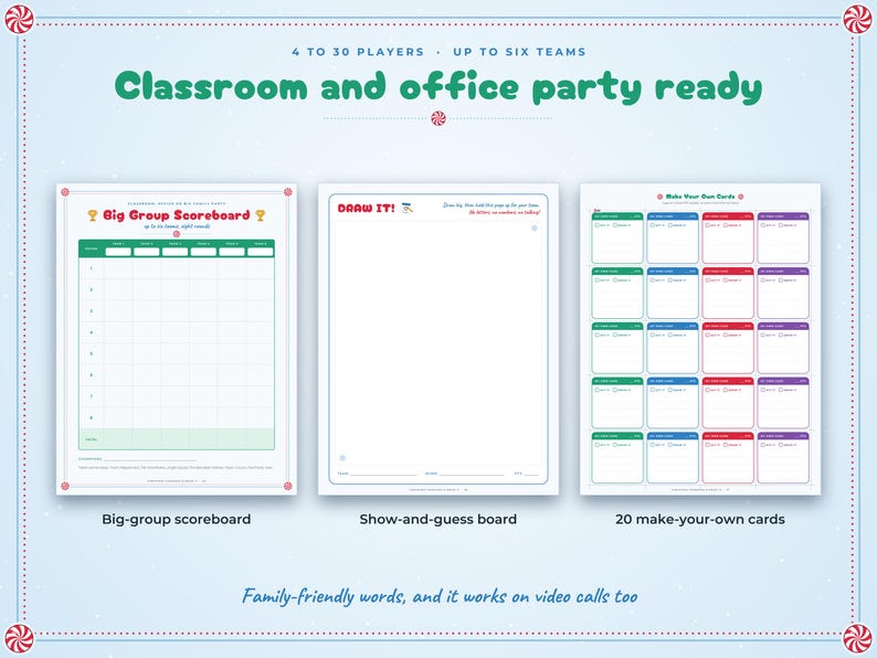 May include: A game set featuring three printable sheets: a Big Group Scoreboard with green headers, a Draw It! board for sketching, and a grid of 20 make-your-own cards in green, red, and purple. The text includes Classroom and office party ready.