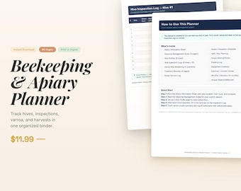Beekeeping Planner Printable | Hive Inspection Log | Apiary Management | Bee Journal | Varroa Mite Tracker | Beekeeper Gift PDF