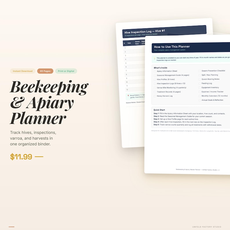 May include: A white Beekeeping & Apiary Planner with the text "Beekeeping & Apiary Planner" in a bold, elegant font. The planner includes sections for tracking hives, inspections, and harvests. The planner is available as an instant download.