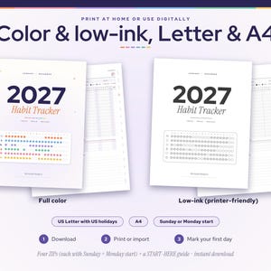 May include: A 2027 habit tracker digital download available in full color and low-ink versions. The document includes US Letter and A4 sizes, with options for Sunday or Monday starts, featuring a grid layout for tracking daily habits.