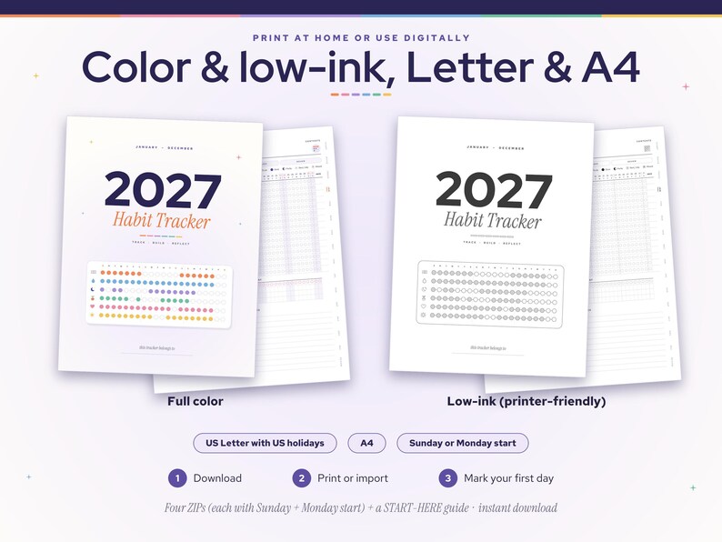 May include: A 2027 habit tracker digital download available in full color and low-ink versions. The document includes US Letter and A4 sizes, with options for Sunday or Monday starts, featuring a grid layout for tracking daily habits.