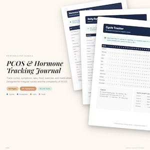 May include: A printable PDF bundle titled "PCOS & Hormone Tracking Journal" with pages for tracking cycles, symptoms, labs, food, exercise, and medication. The journal includes a cycle tracker and symptom log. The bundle is designed for irregular cycles.