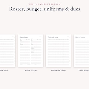 Op de afbeelding: Een set van vier witte digitale plannerpagina's met donkere tekst. De koptekst bovenaan luidt RUN THE WHOLE PROGRAM Roster, budget, uniforms & dues. De afzonderlijke pagina's zijn gelabeld Athlete Roster, Season Budget, Uniforms & Sizing en Dues & Payments.