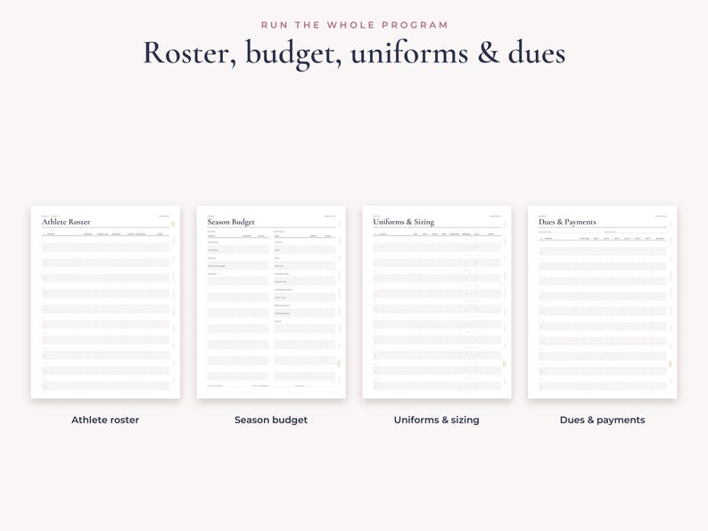 Op de afbeelding: Een set van vier witte digitale plannerpagina's met donkere tekst. De koptekst bovenaan luidt RUN THE WHOLE PROGRAM Roster, budget, uniforms & dues. De afzonderlijke pagina's zijn gelabeld Athlete Roster, Season Budget, Uniforms & Sizing en Dues & Payments.