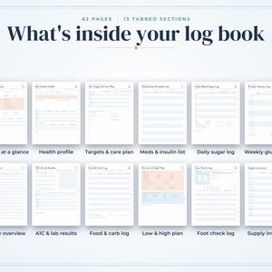 May include: A 62-page log book with 13 tabbed sections for diabetes management. The layout displays pages titled Diabetes at a glance, Health profile, Targets & care plan, Meds & insulin list, Daily sugar log, Weekly glucose log, Monthly overview, A1C & lab results, Food & carb log, Low & high plan, Foot check log, and Supply inventory.
